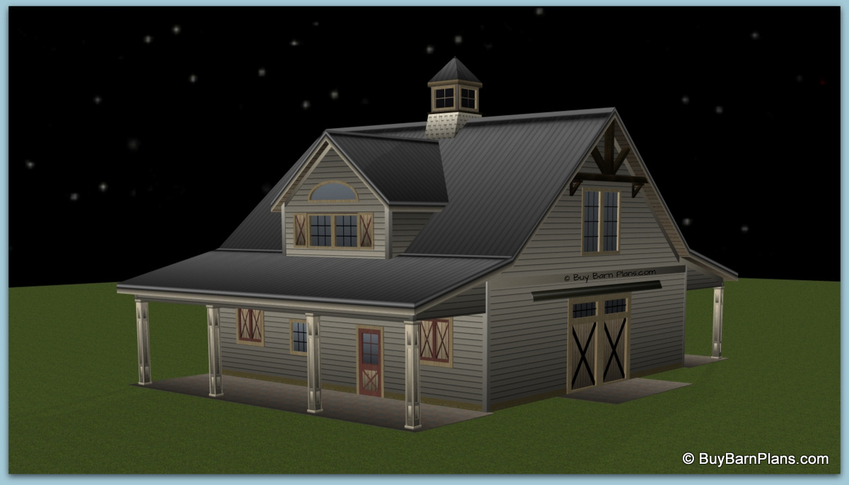 3 stall Gable Style horse barn with 2 bedroom apartment - Buybarnplans.com