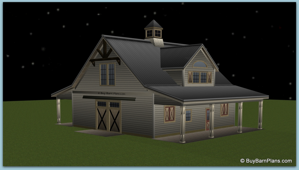 Three stall horse barn with 2 bedroom apartment - Buybarnplans.com