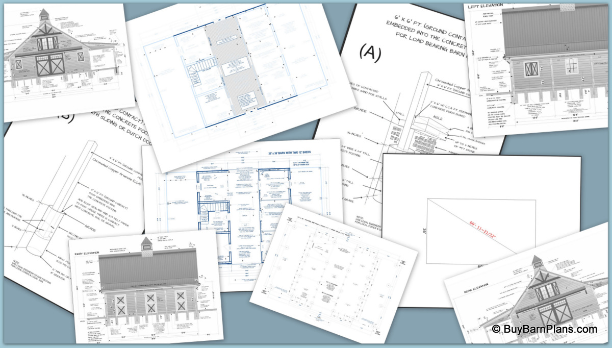 Architectural plans for barn construction.