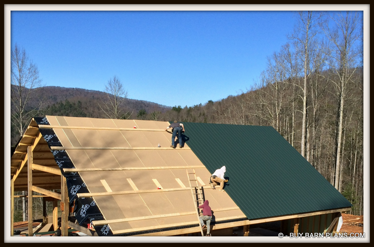 Metal Roof Over 2 x 6 Purlins Over 3 in Rigid Foam Insulation Over 1 x 8 Planks Over 4 x 6 Purlins Over 12 inch Rafter Beams