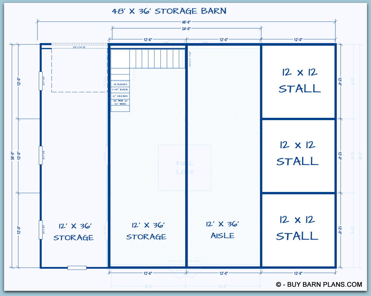 3 stall horse barn with Upper Loft Storage Or apartment - Buybarnplans.com