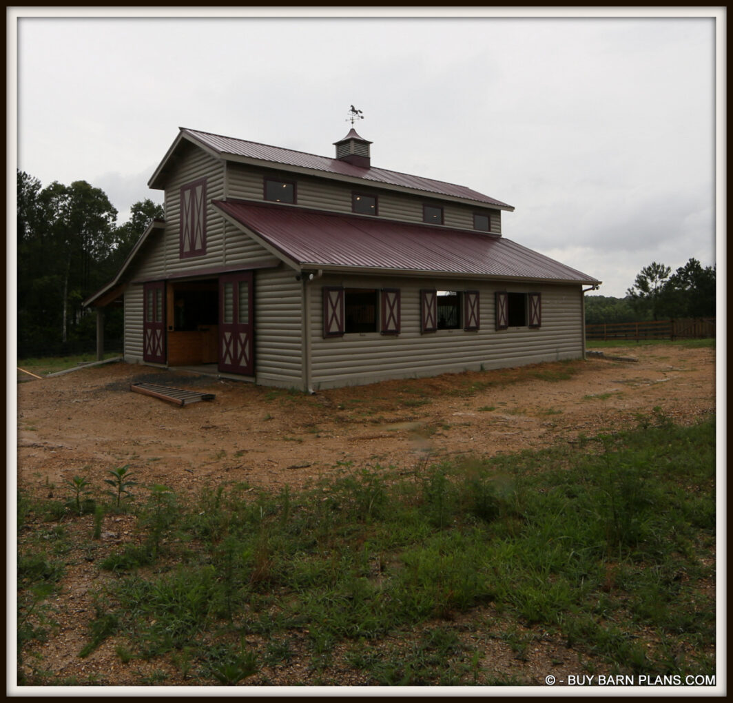 5 Stall Stall Monitor Horse Barn with D log Yellow Pine Siding With 2 Coats Of Solid Stain - Not Paint