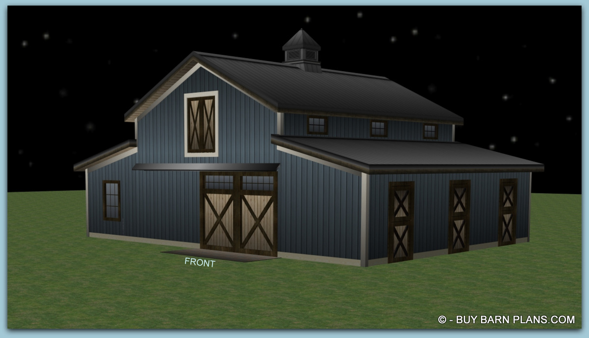 3 stall horse barn Design Plan with Upper Loft- and Storage Buybarnplans.com