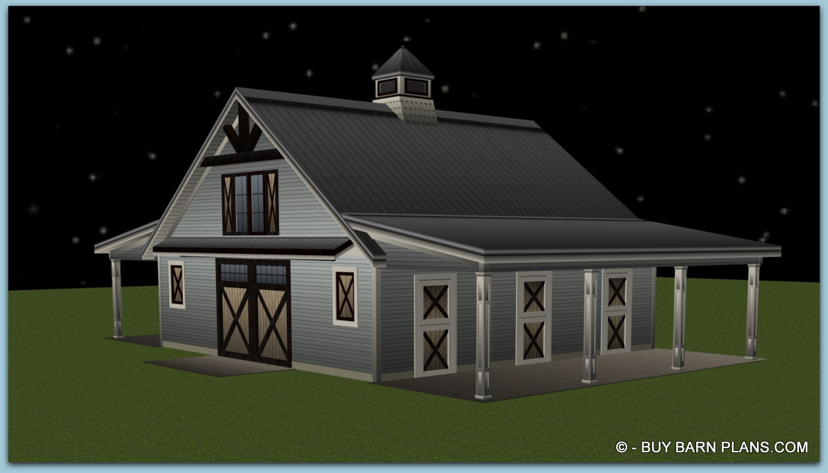 3 Stall Horse Barn With Loft Plan
Blueprint - 3D image of the barn