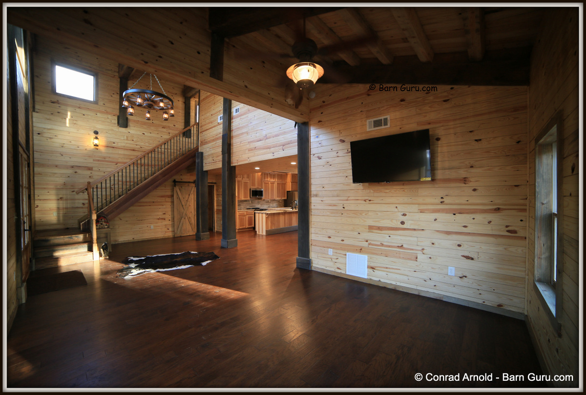 Barn Home With Open Floor Plan - 12 x 12 Solid Oak Columns - 1 Inch Rebar Stair Pickets