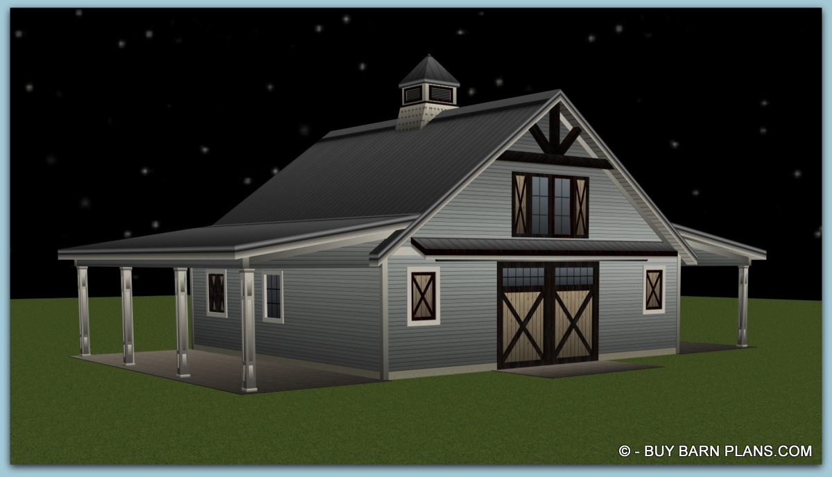 3 Stall Horse Barn With Loft Design Plan
Blueprint - 3D image of the barn