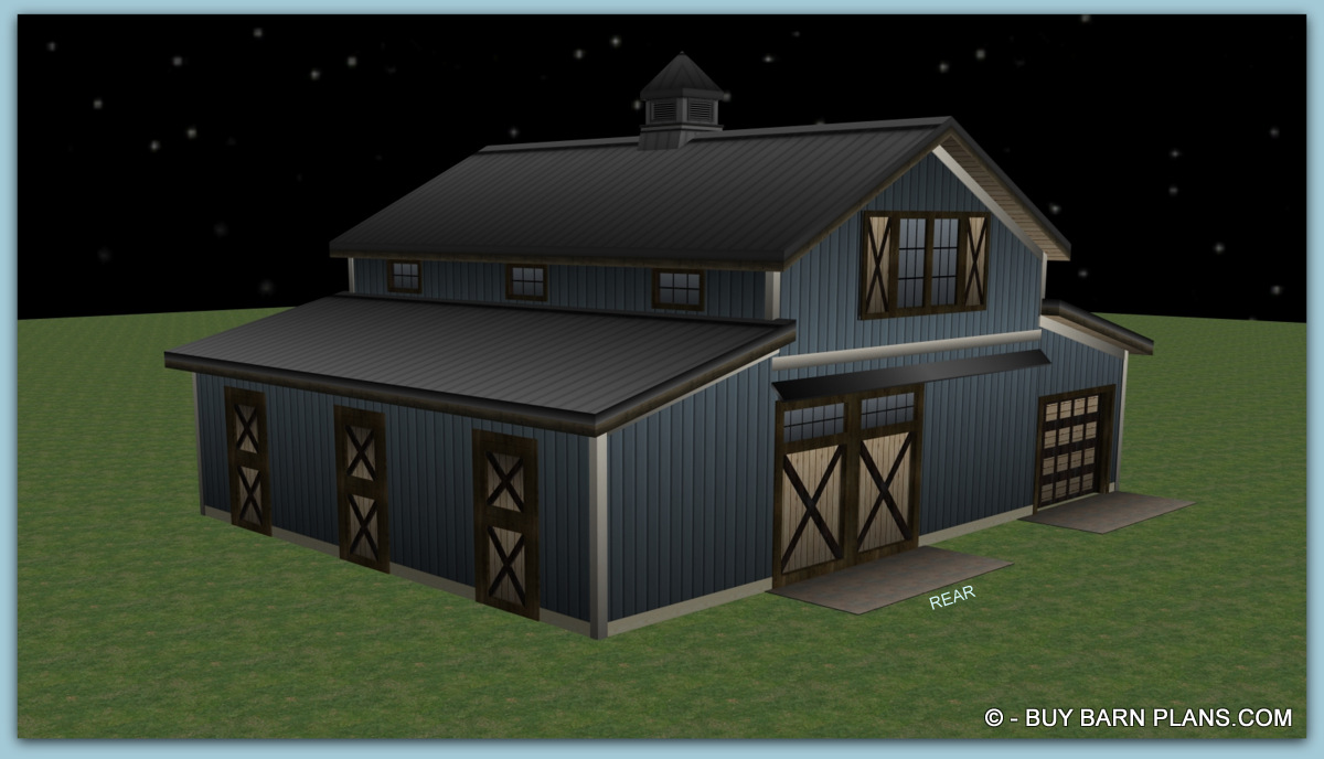 Three stall horse barn with Upper Loft- Buybarnplans.com