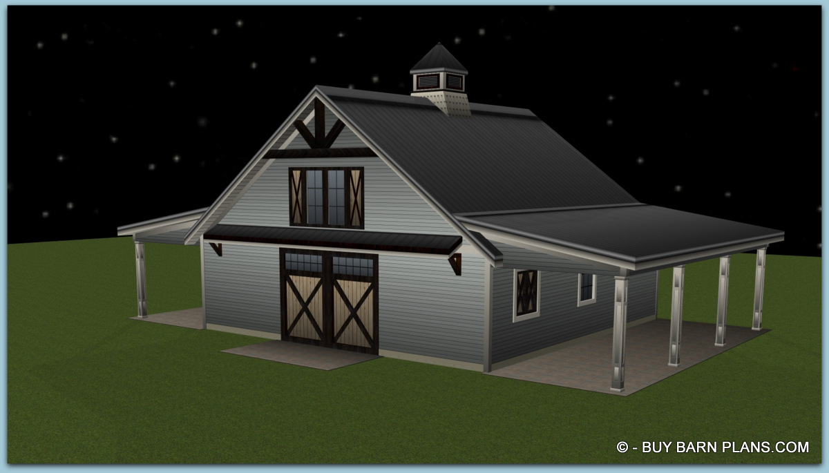 3 Stall Horse Barn With Loft Plan
Blueprint - 3D image of the barn
Barn Has 2 sheds