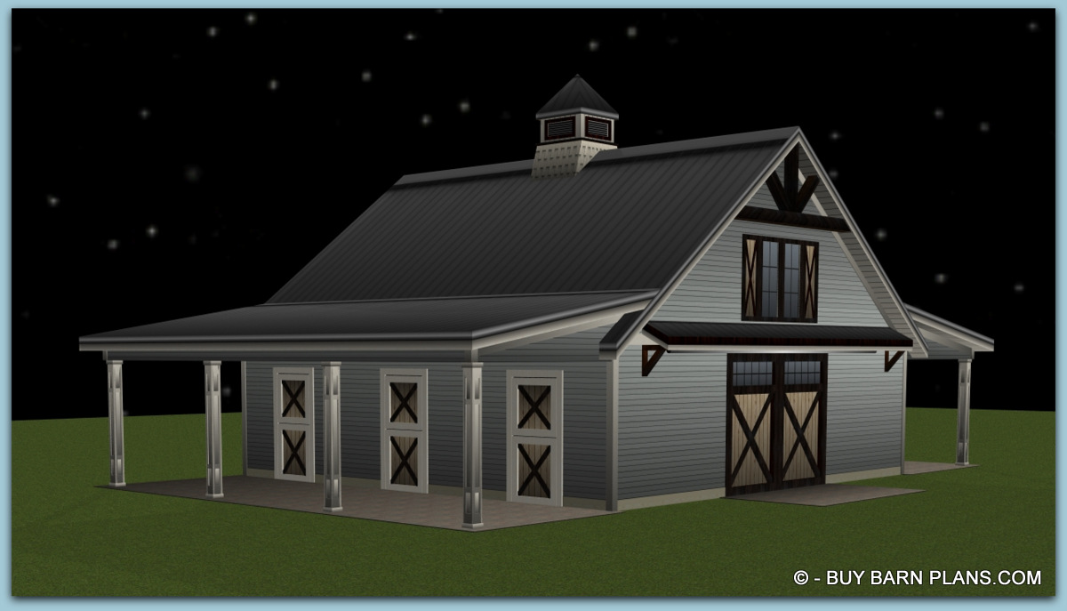 3 Stall Horse Barn With Loft Plan
Blueprint - 3D image of the barn with Dutch exterior doors