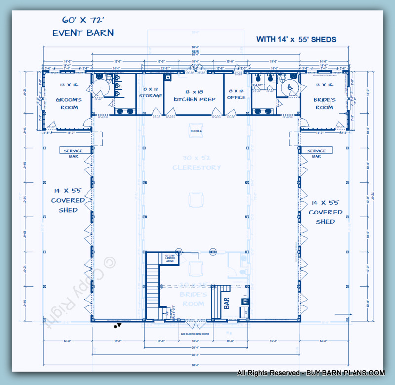 60 x 72 Event Barn Floor Plan With Two 14 x 55 Open Covered Sheds