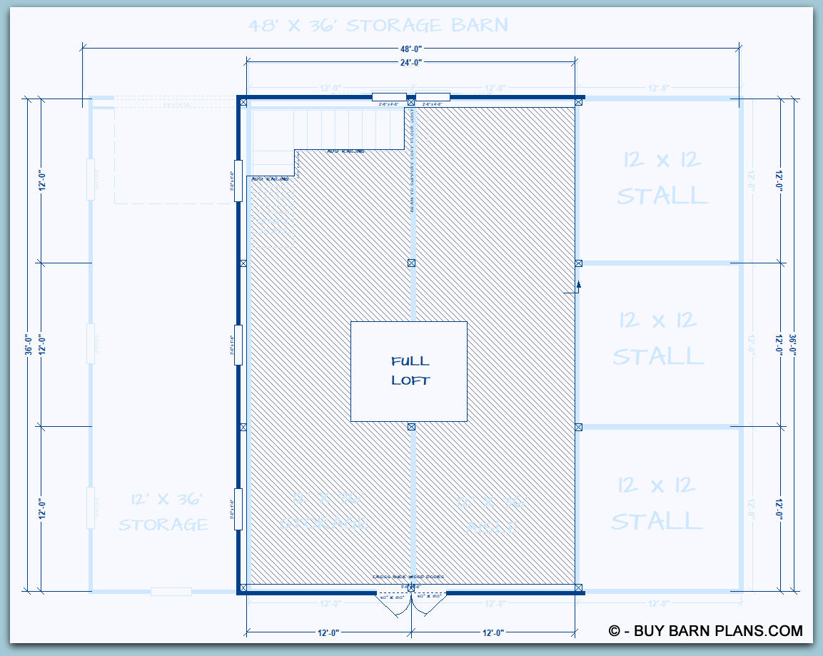 3 stall horse barn with Upper Loft- Buybarnplans.com