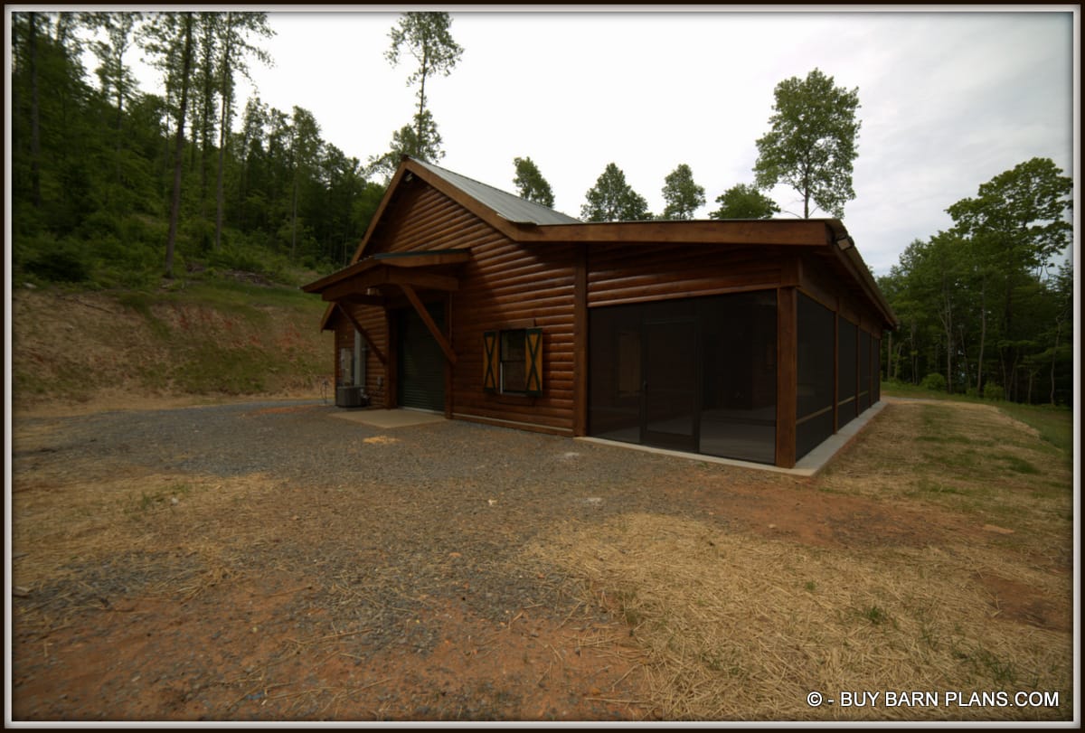 Rear Of This 36 x 48 with a 12 x 48 Covered Shed Cypress Bunk Barn With Living Quarters Matching Front & Rear Awning Roofs