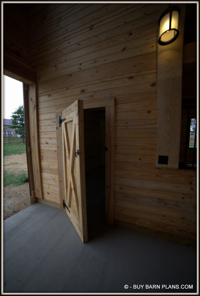 Tack Room With Custom Cross Buck Yellow Pine Door With 12 inch Strap Hinges