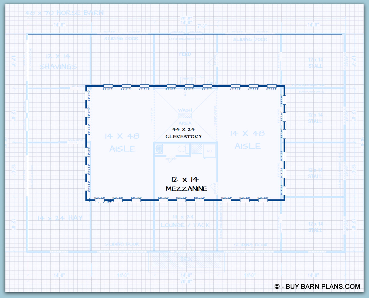 48 X 70 Horse Barn Floor Plan Monitor Hip with Clerestory and Mezzanine 48 X 70 Horse Barn Floor Plan - Monitor Hip with Clerestory and Mezzanine or Loft Area Above The Tack Room
