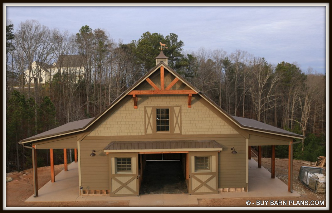Image Of Cypress King Truss - Hardie Shake Siding - Hardie Cross buck Faux Shutters Built Into The Siding - On This Photo Of A 3 Stall Horse Barn With Loft And Kennel - When Open Aisle D