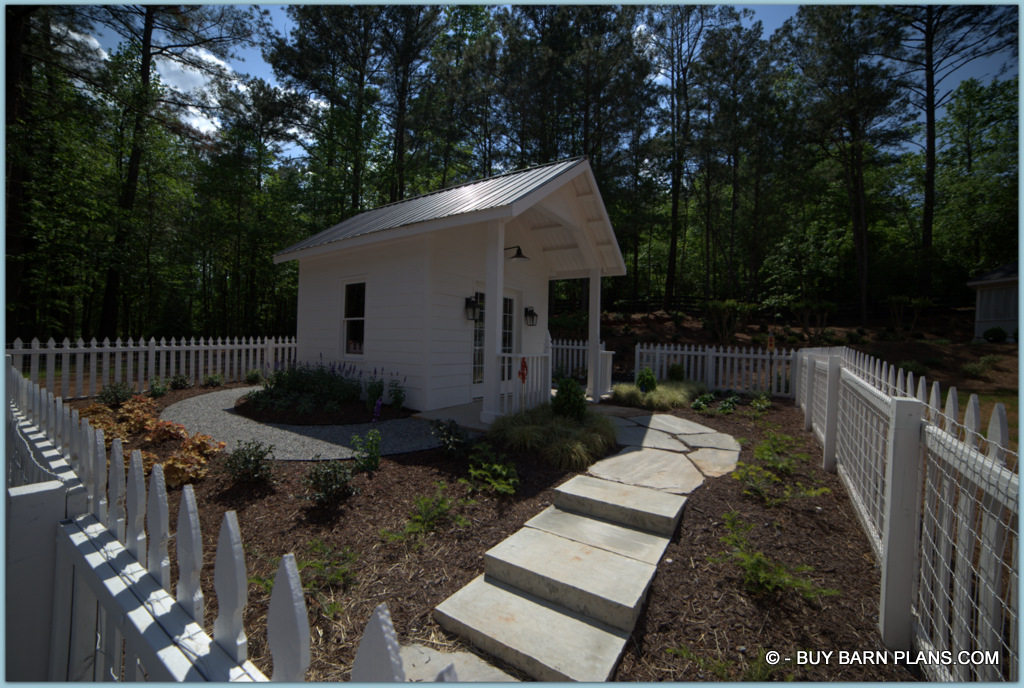 She Shed With Lime Stone Pavers - Woven Wire To Goat Proof The White Picket Fence - Exposed Purlins Look Outs