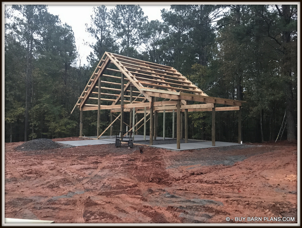 Framing - 6 x 6 Purlins Over 12 Inch Rafter Beams - 2 Stall Horse Barn With Shed - Fresh Concrete