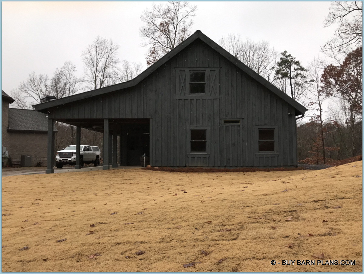 Image Of -- Board & Batten Siding With 2 Coats Of Solid Stain - Gear head 2 Car Garage ADU That Looks Like A Barn- Window Shutters Are Part Of The Siding