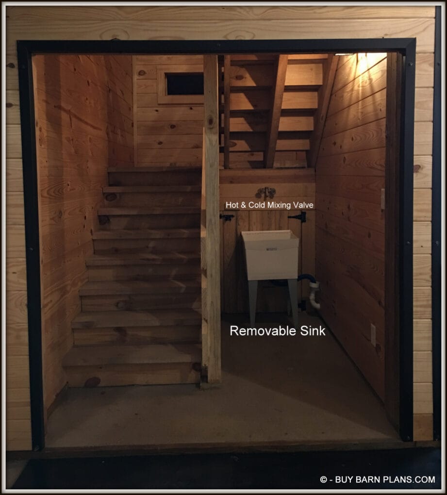 Insulated Closet Under The Stairs That Protects The Water Heater From Freezing Tempertures - Freeze Proof Hot & Cold Mixing Valve