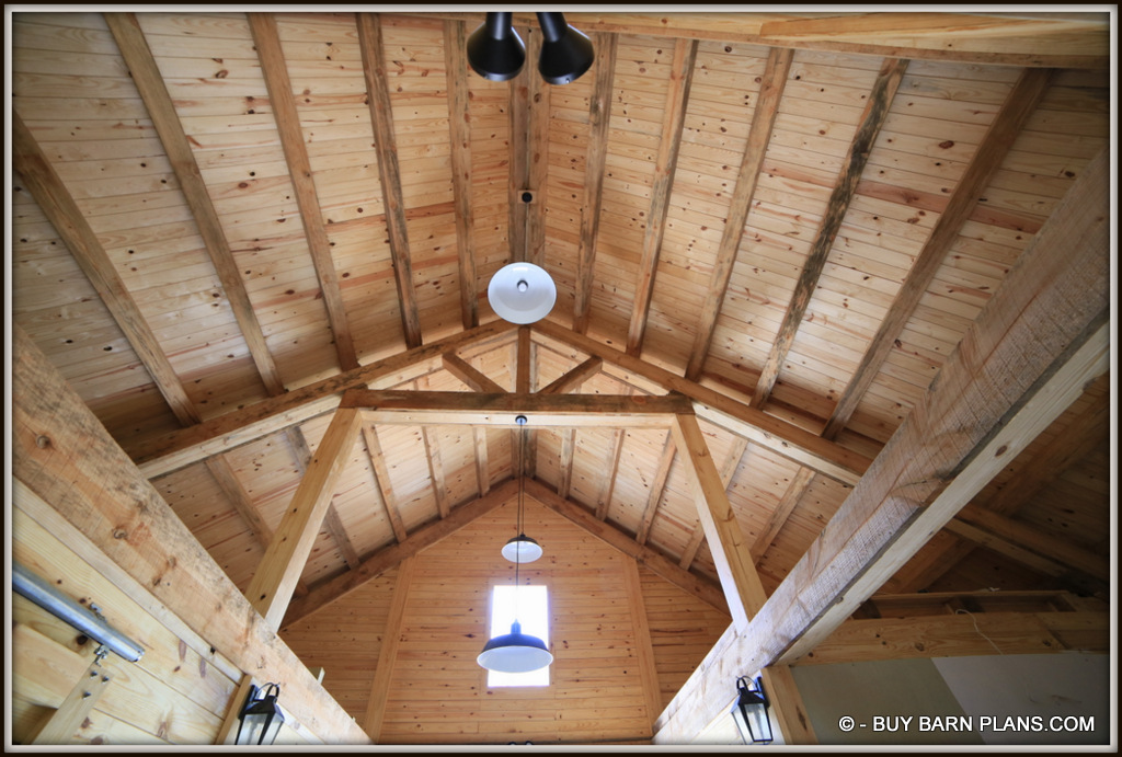 Interior Photo Image 2 Stall Miniture Horse Or Goats Barn With T&G Wall & Ceiling Finish - Hanging Farm Lights - Flood Lights Shinning On The Ceiling For Indirect Lighting