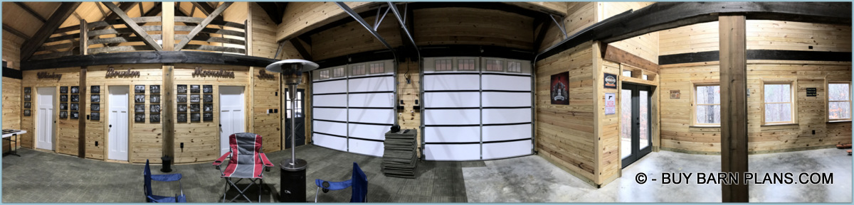 Interior Photo Using Panoramic View Of This Gearhead Garage That Looks Like A Rustic Barn - 2 Bays For Hot Rods And 1 Double Door For Two Wheeled Bikes