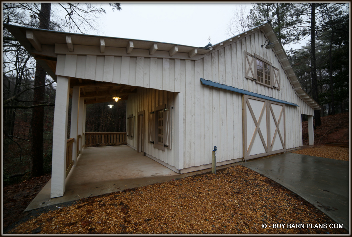Left Side Covered Shed - Workshop Barn With Board On Board Siding - Sliding Barn Doors