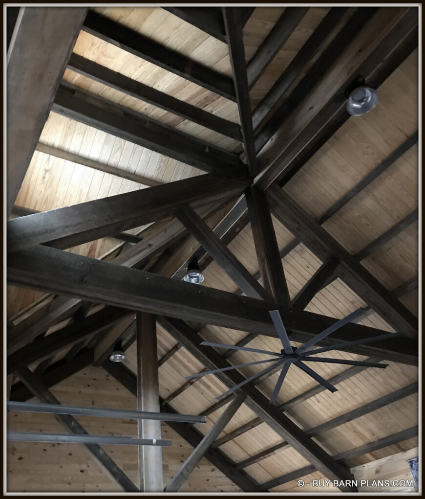 Very Nice Framing - Of Interior Photos View Of 1 x 6 T&G Roof Decking Over 4 x 6 Stained Purlins Over Massive King Trusses- This Gearhead Garage That Looks Like A Rustic Barn