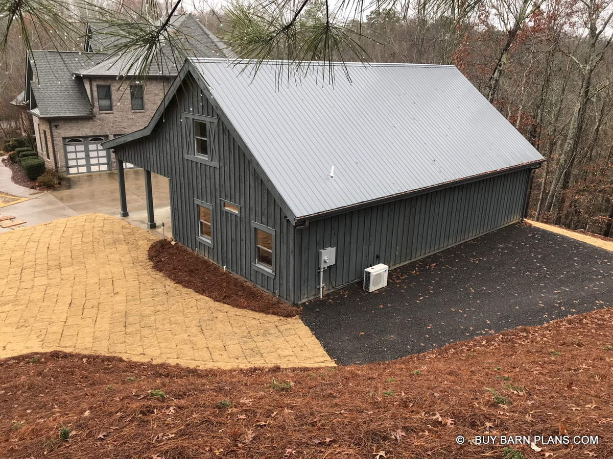 Perfect Metal Roof Install Perfection- Rear Photo - Board & Batten Siding With 2 Coats Of Solid Stain - Gear head 2 Car Garage That Looks Like A Barn