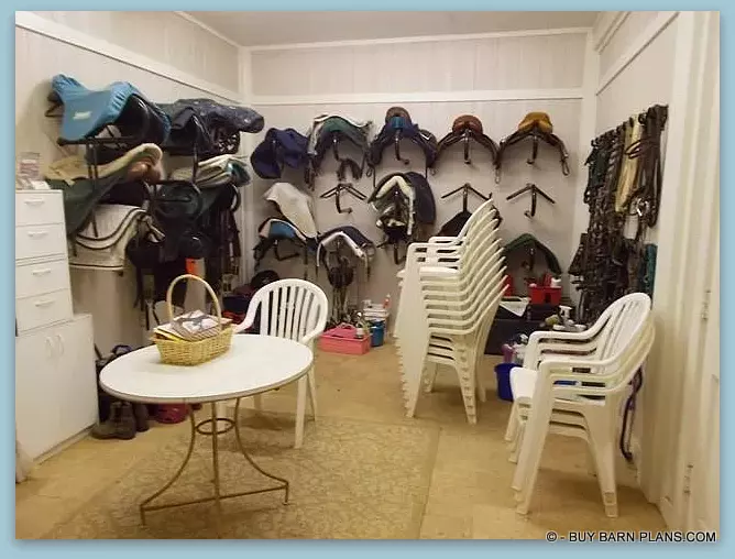 Photo Image View Of Twelve Stall Monitor Style Horse Barn Tack Room Built With Concrete Blocks and Stucco Finish