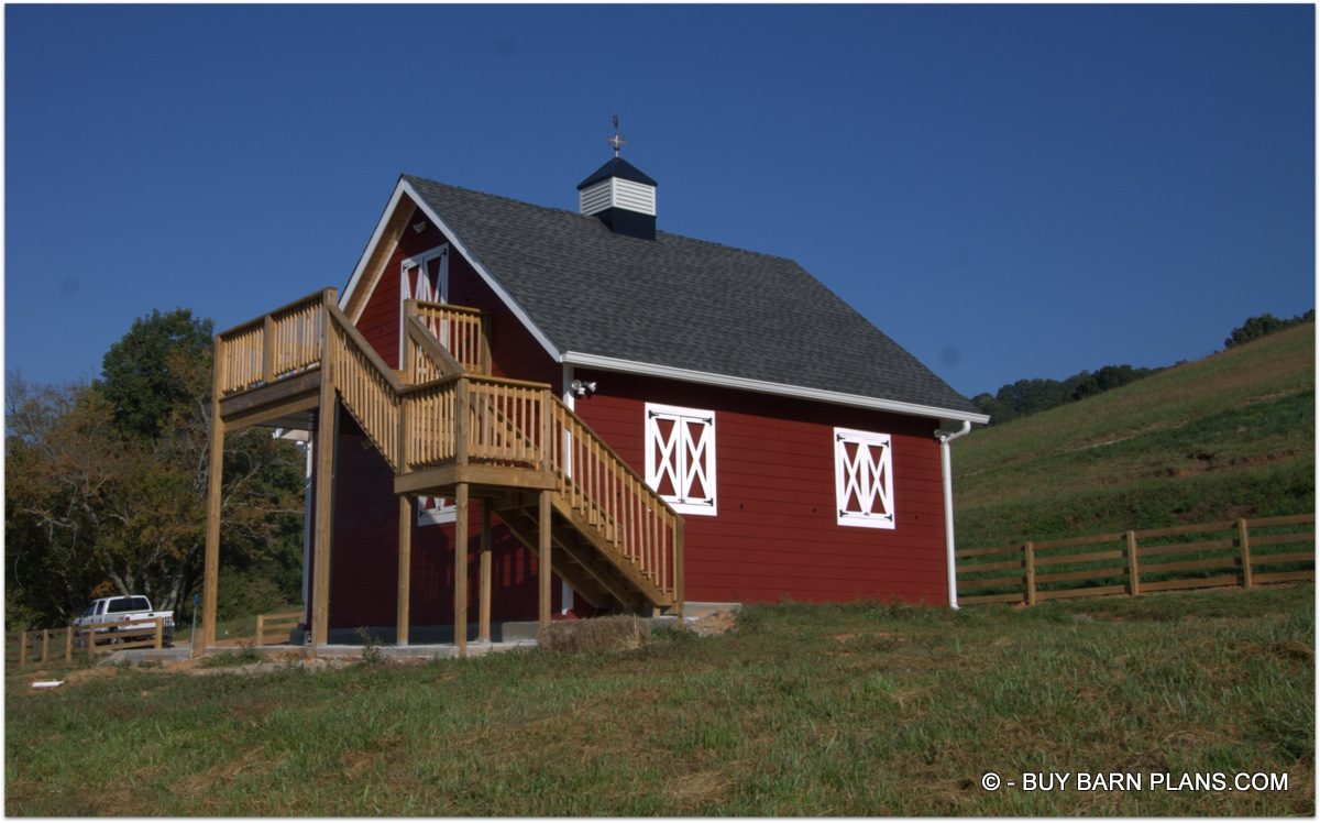 Photo Of A 2 Stall Horse Barn Shed Row With Stairs And Deck For The Loft - Composit Shingles Over 2 x 6 T&G