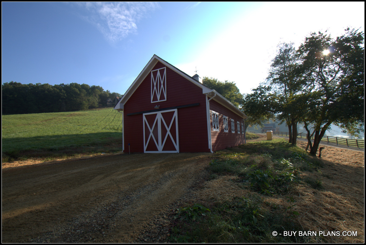 Photo Of A Bright Red With White Trim - Working Saloon Style Windows - Sliding Barn Door - Tractor Storage Barn With Loft - Buy Barn Plans