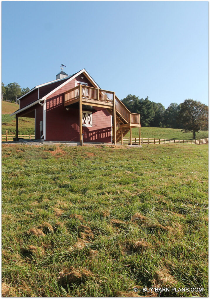 Photo Image Of A Red 2 Stall Horse Barn Shed Row Style With Stairs And Deck For The Loft