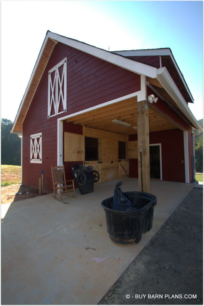 Two Stall Horse Barn Shed Row With 12 ft Covered Aisle & Loft Above Aisle