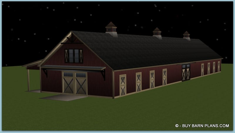 PHOT OiMAGE oF 16 STALL bARN PLAN - 2 BEDROOM APARTMENT ABOVE WITH DECK - HORSE BARN PLAN - purchase BARN PLANS - 12 WIDE AISLE