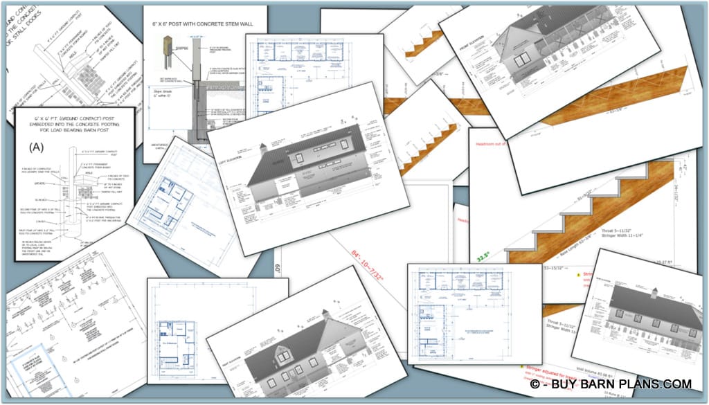 Image Of Screen Shots Details - Purchase The Basic Barn Plans - Footing Details - Post And Footing Layout - Floor Plans
