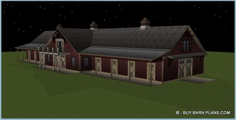 iMAGE oF 16 STALL bARN PLAN with Dutch Doors - 2 BEDROOM APARTMENT ABOVE HORSE BARN PLAN - BUY BARN PLANS